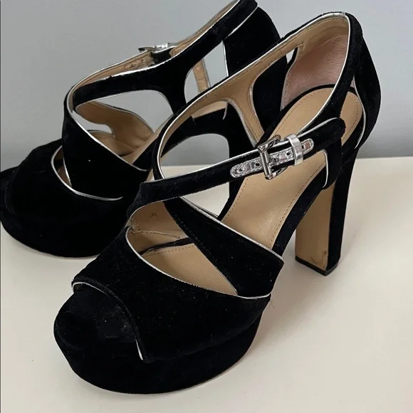 Michael Kors black velvet open toe platform high Heels 7M silver buckle accent - Picture 8 of 13